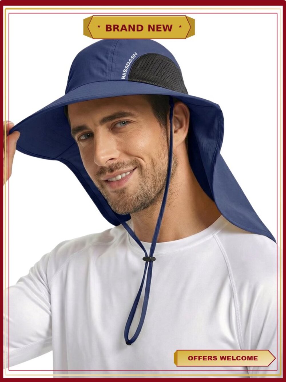 Unisex UPF 50+ Water Resistant Wide Brim Sun Hat Neck Flap Ponytail Hole